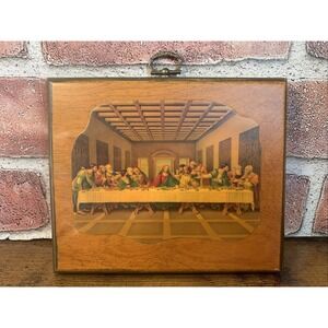 The Last Supper Picture Vintage Lacquered Wood Wall Hanging 5x7 Signed 1969